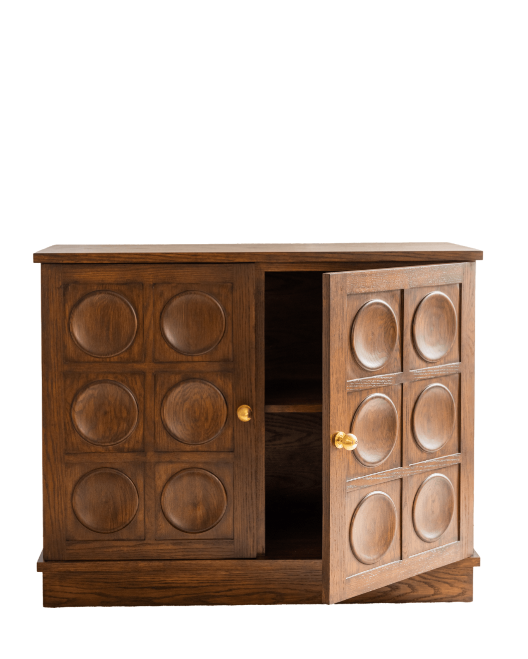 Open bar cabinet with brass hardware