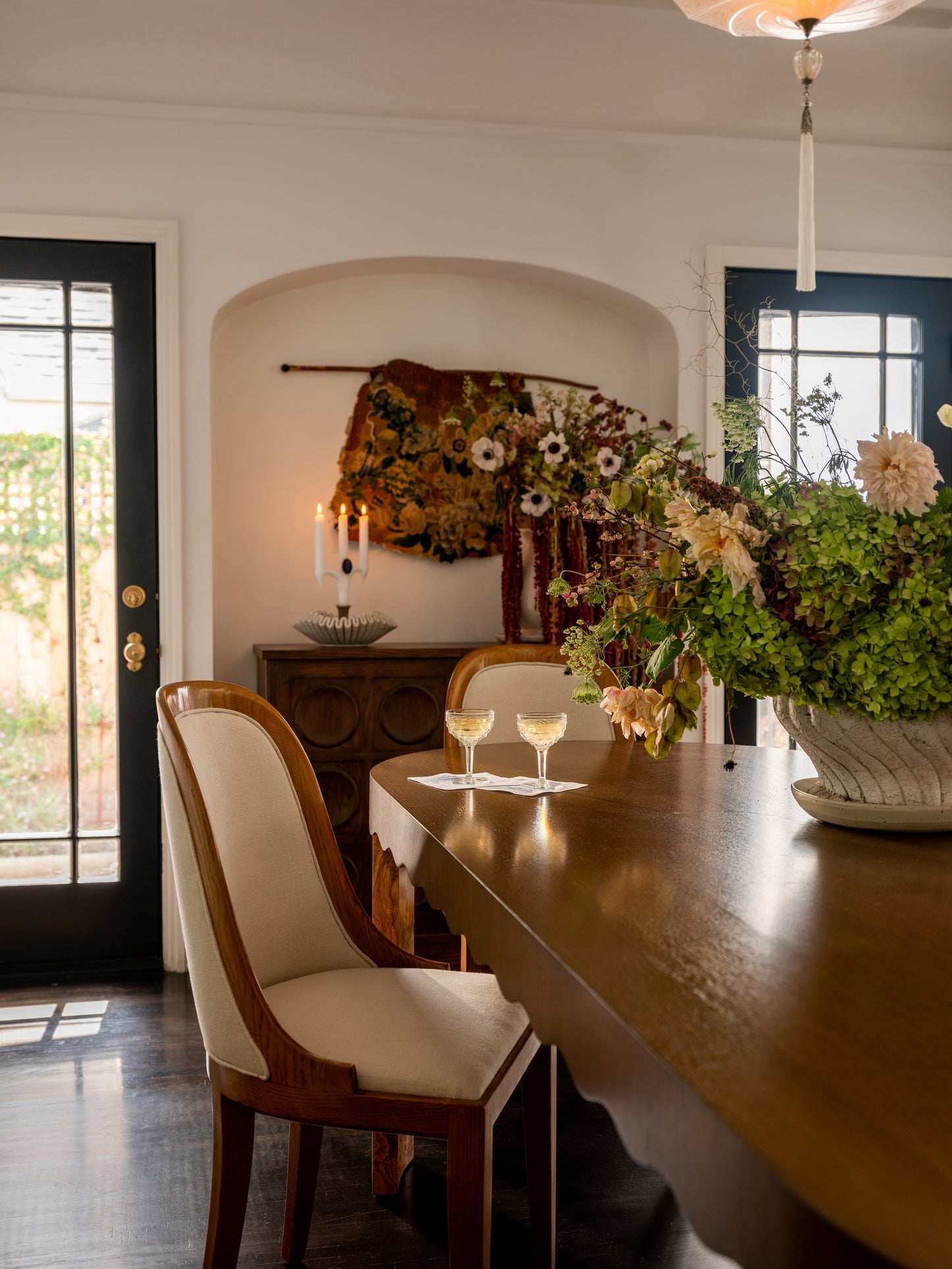 Dining table with champagne glasses on top