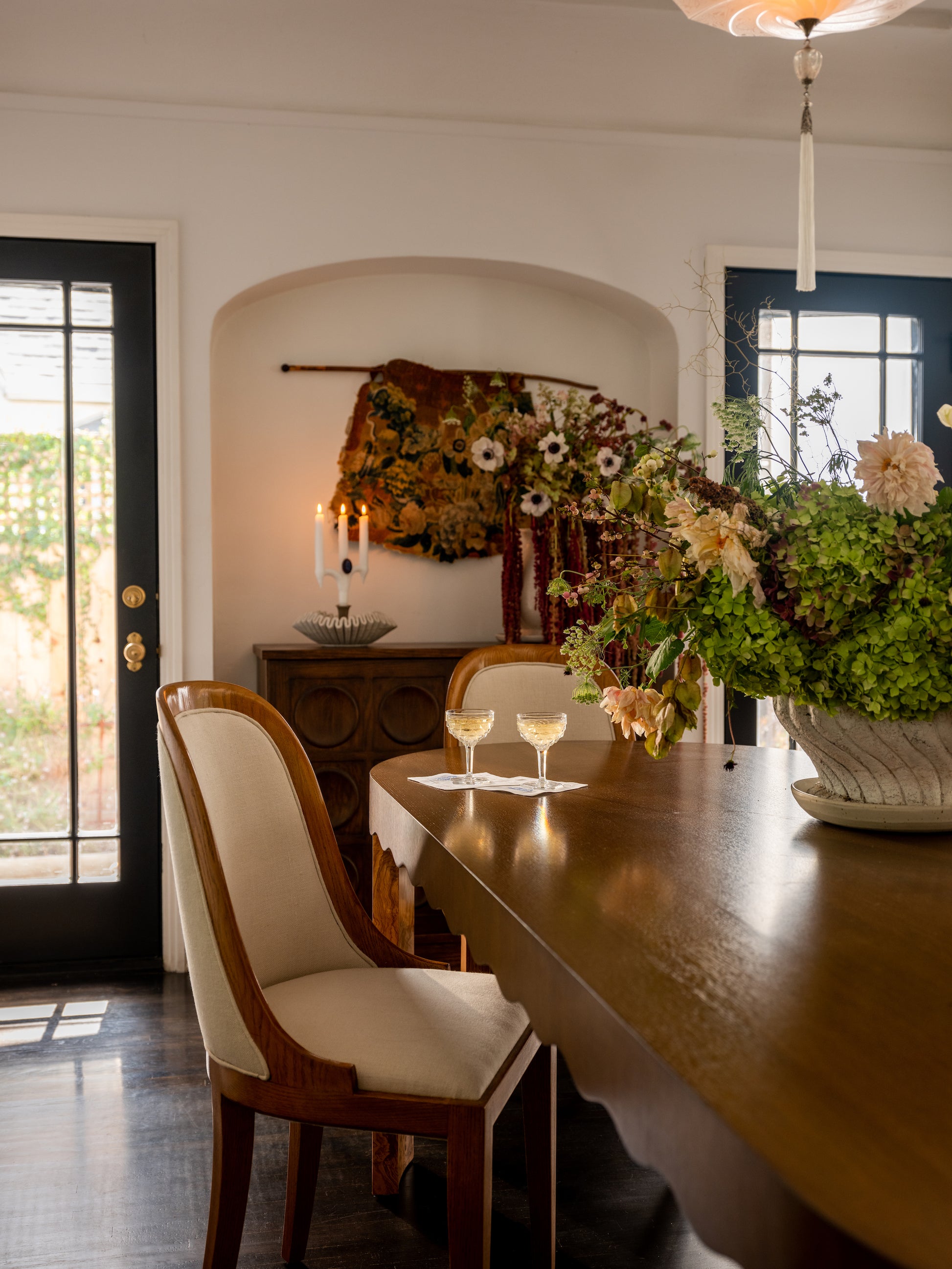 Dining table with champagne glasses on top